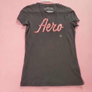💕 Aeropostale Classic Crew Dark Grey Pink Fuzzy Aero Logo Tee 💕